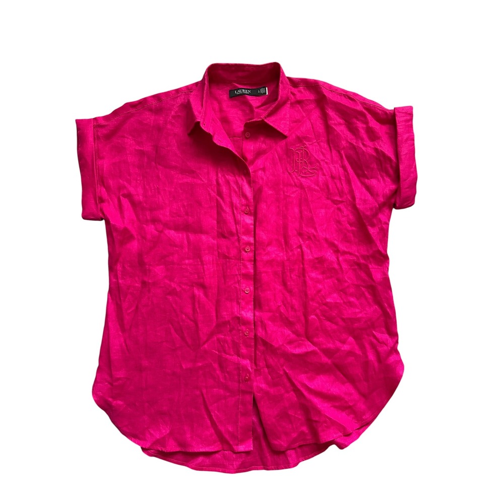 Barbiecore Lauren Ralph Lauren Hot Pink Linen Button Down Shirt Large LRL Logo